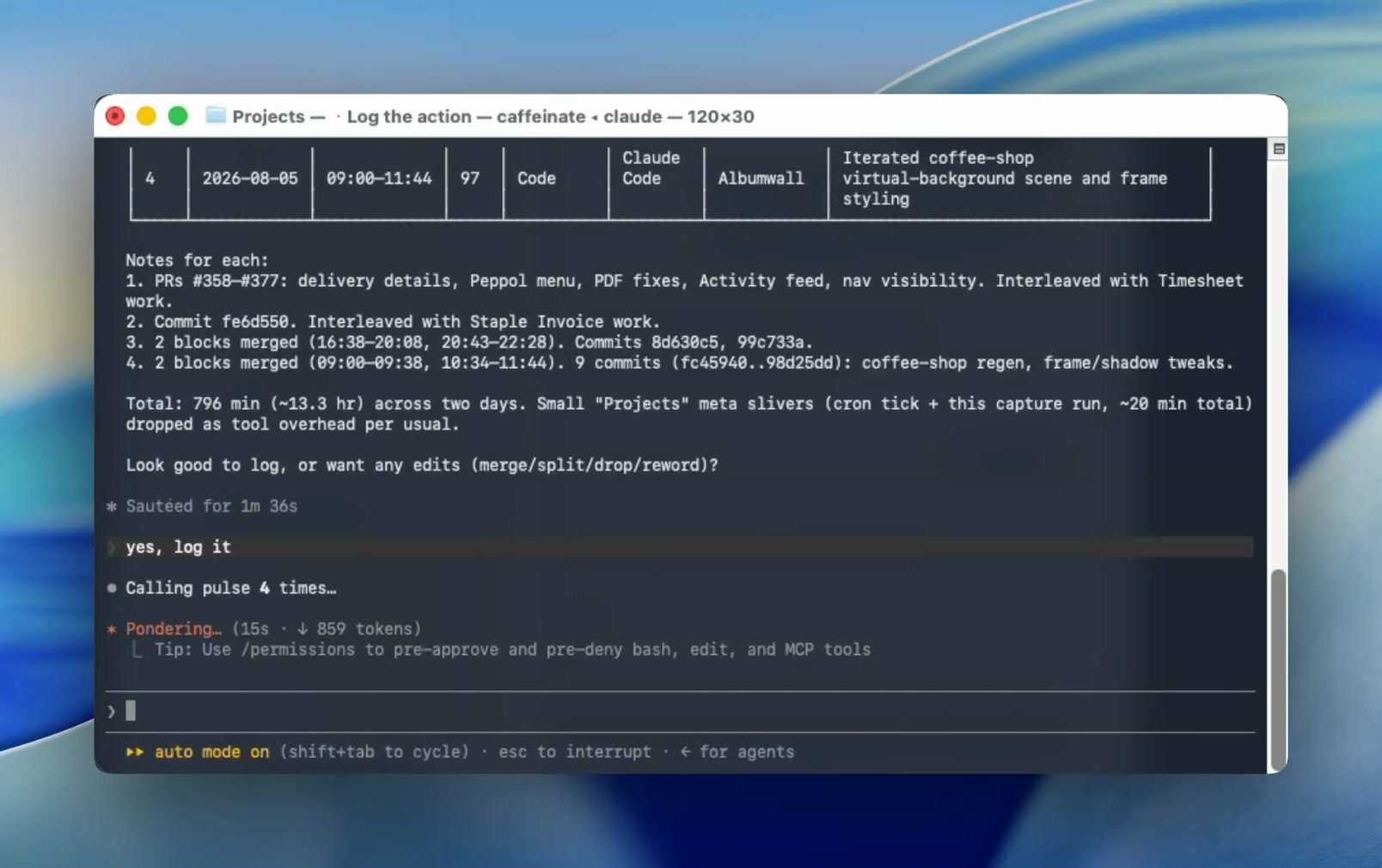 The pulse-capture skill in Claude Code: proposed time entries reconstructed from session history, with durations, categories and projects, a 796-minute total, and the entries logged to Pulse once approved.